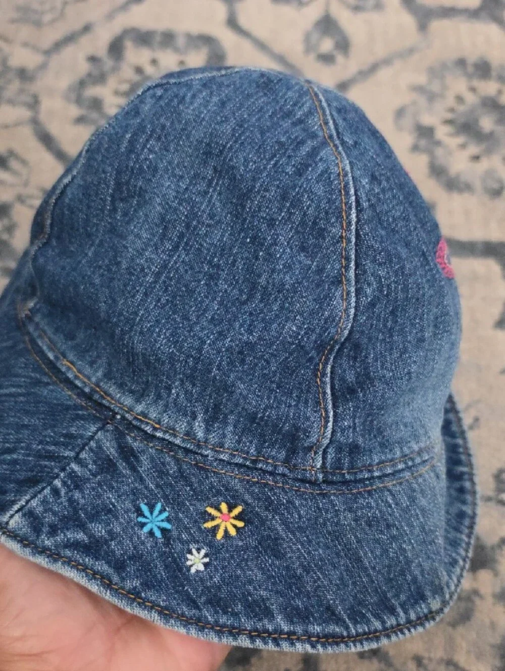 Vintage OshKosh B'gosh Denim Embroidered Floral Bucket Hat Sz 2T - 4T Y2K
